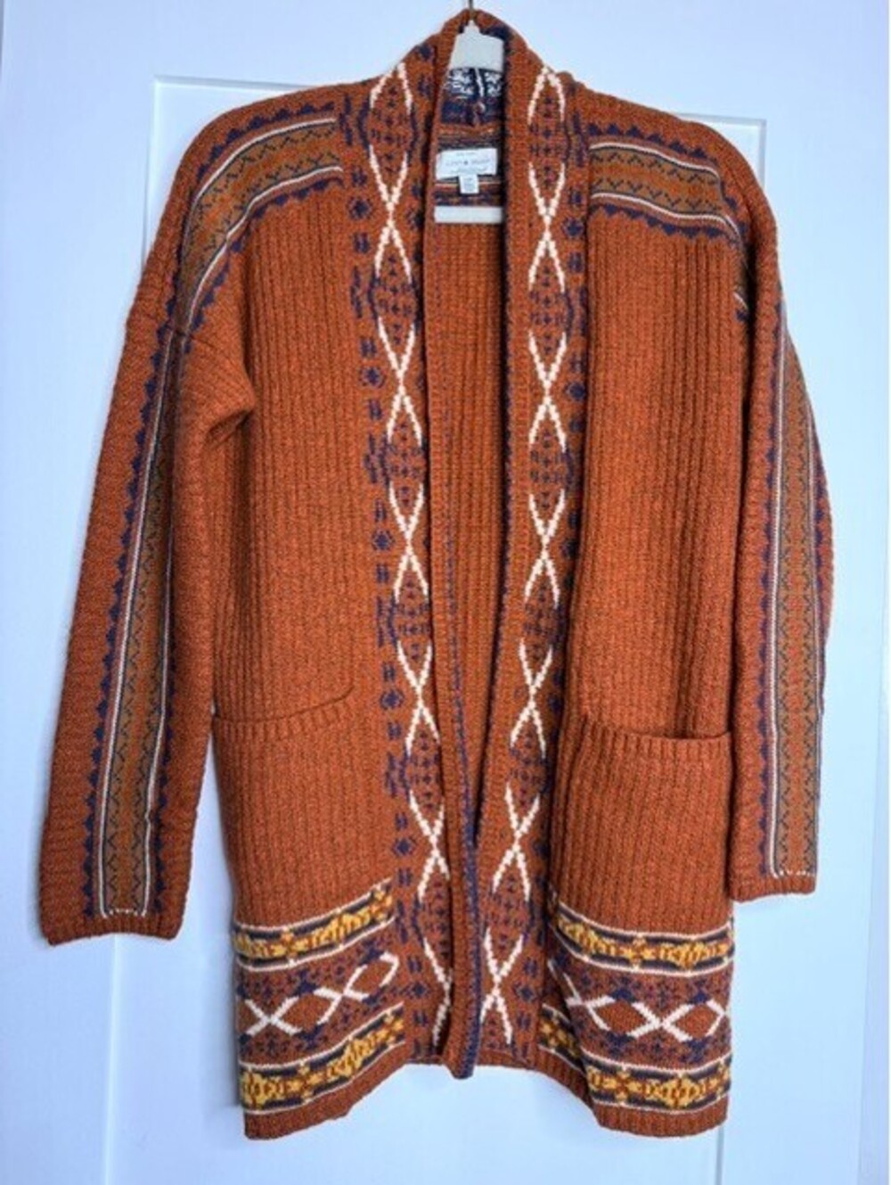 Lucky Brand Women's S/P Cardigan Sweater Rust Orange Boho Long Open